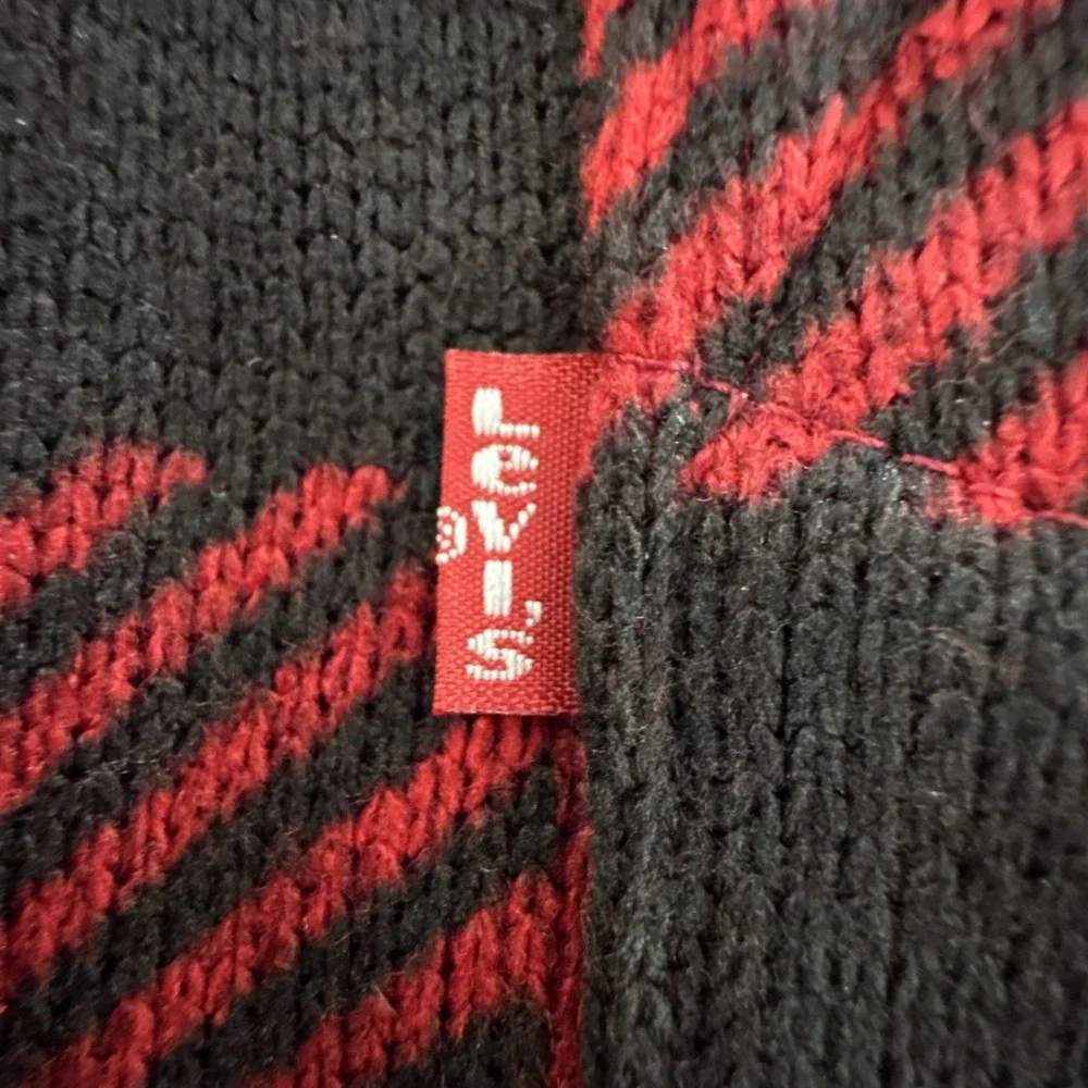 Levi's Buffalo Plaid Cardigan Mens L Red Black Excellent Shawl Collar Knit #927